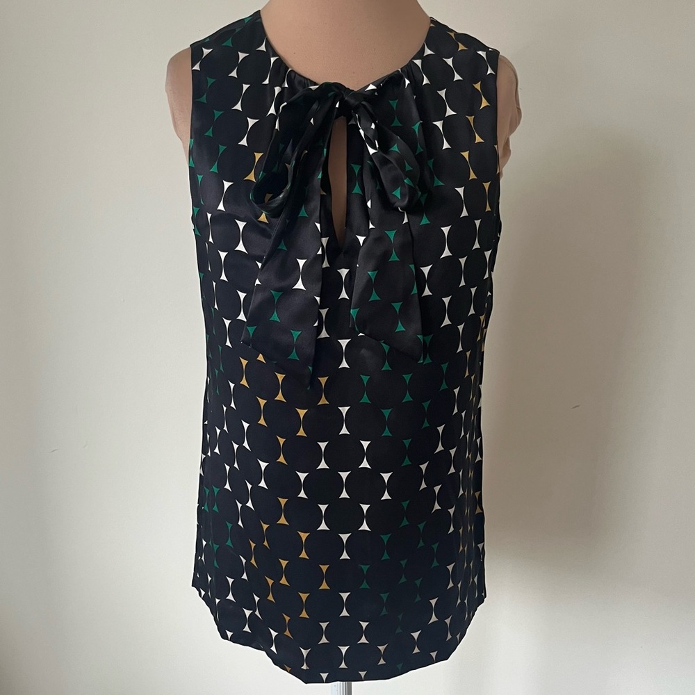 Tory Burch Tie Bow Front Sleeveless Circle Print Black Orange Silk Top EUC Sz 2